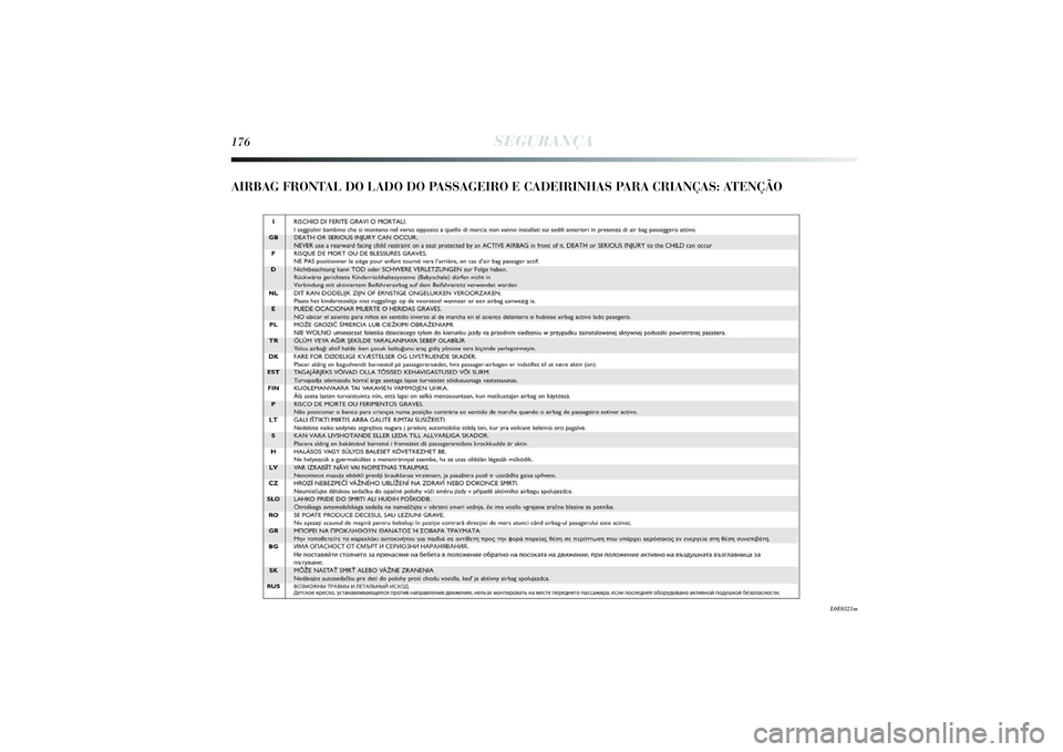 Lancia Delta 2014  Manual de Uso e Manutenção (in Portuguese) 176
SEGURANÇA
AIRBAG FRONTAL DO LADO DO PASSAGEIRO E CADEIRINHAS PARA CRIANÇAS: ATENÇÃO
L0E0321m
155-182 Delta PT 1ed  03/09/13  14.04  Pagina 176 