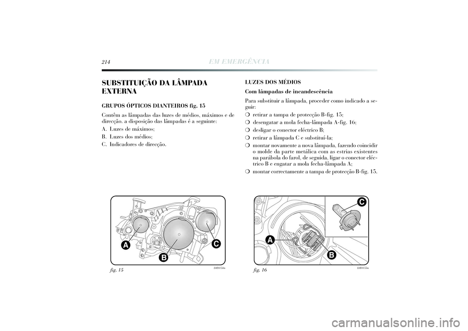 Lancia Delta 2014  Manual de Uso e Manutenção (in Portuguese) 214
EM EMERGÊNCIA
SUBSTITUIÇÃO DA LÂMPADA
EXTERNAGRUPOS ÓPTICOS DIANTEIROS fig. 15
Contêm as lâmpadas das luzes de médios, máximos e de
direcção. a disposição das lâmpadas é a seguinte: