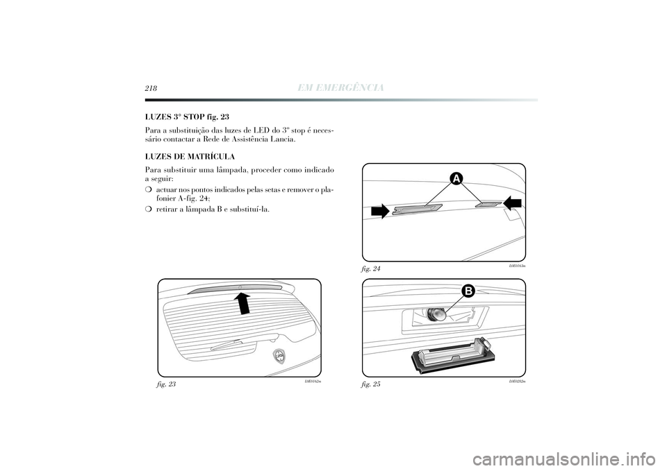Lancia Delta 2014  Manual de Uso e Manutenção (in Portuguese) 218
EM EMERGÊNCIA
LUZES 3° STOP fig. 23
Para a substituição das luzes de LED do 3º stop é neces-
sário contactar a Rede de Assistência Lancia. 
LUZES DE MATRÍCULA
Para substituir uma lâmpada