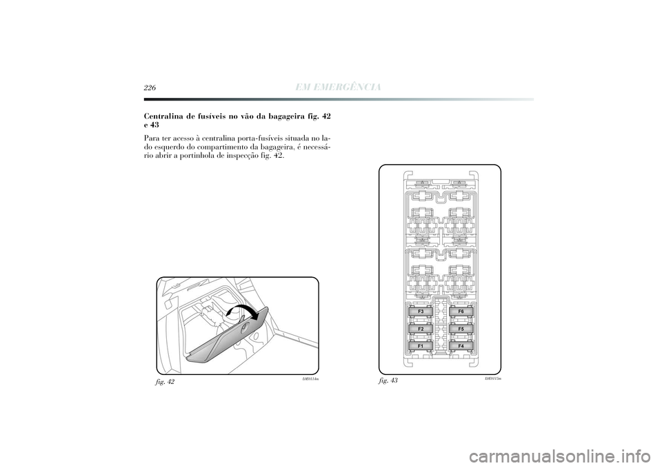 Lancia Delta 2014  Manual de Uso e Manutenção (in Portuguese) 226
EM EMERGÊNCIA
Centralina de fusíveis no vão da bagageira fig. 42
e 43
Para ter acesso à centralina porta-fusíveis situada no la-
do esquerdo do compartimento da bagageira, é necessá-
rio ab