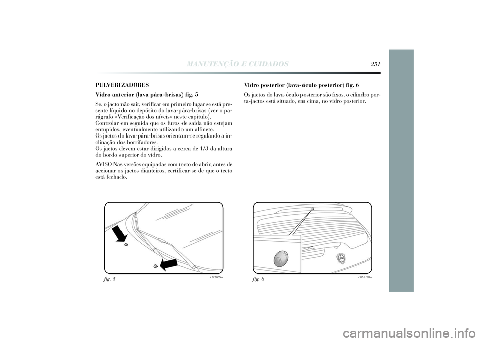 Lancia Delta 2014  Manual de Uso e Manutenção (in Portuguese) PULVERIZADORES
Vidro anterior (lava pára-brisas) fig. 5
Se, o jacto não sair, verificar em primeiro lugar se está pre-
sente líquido no depósito do lava-pára-brisas (ver o pa-
rágrafo «Ve rifi