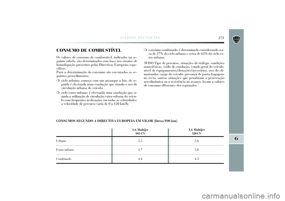 Lancia Delta 2014  Manual de Uso e Manutenção (in Portuguese) DADOS TÉCNICOS
275
6
CONSUMO DE COMBUSTÍVELOs valores de consumo de combustível, indicados na se-
guinte tabela, são determinados com base nos ensaios de
homologação prescritos pelas Directivas 