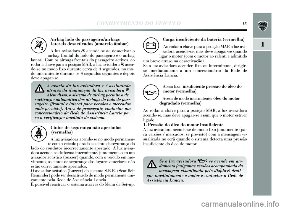 Lancia Delta 2015 Manual de Uso e Manutenção (in Portuguese) CONHECIMENTO DO VEÍCULO15
1
Airbag lado do passageiro/airbagslaterais desactivados (amarelo âmbar)
A luz avis adora
“acende-se ao desactivar o
airbag frontal do lado do pa ssageiro e o airbag
la Lancia Delta 2015 Manual de Uso e Manutenção (in Portuguese) CONHECIMENTO DO VEÍCULO15
1
Airbag lado do passageiro/airbagslaterais desactivados (amarelo âmbar)
A luz avis adora
“acende-se ao desactivar o
airbag frontal do lado do pa ssageiro e o airbag
la