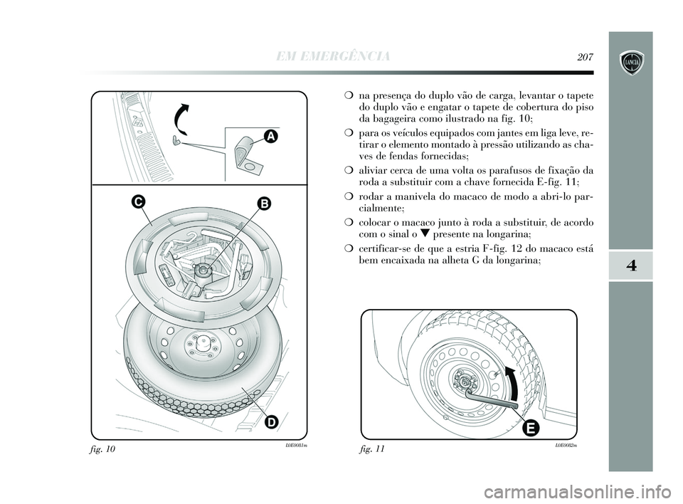 Lancia Delta 2015  Manual de Uso e Manutenção (in Portuguese) EM EMERGÊNCIA207
4
fig. 10L0E0081m
❍na presença do duplo vão de carga, levantar o tapete
do duplo vão e engatar o tapete de cobertura do piso
da bagageira como ilustrado na fig. 10; 
❍ para os