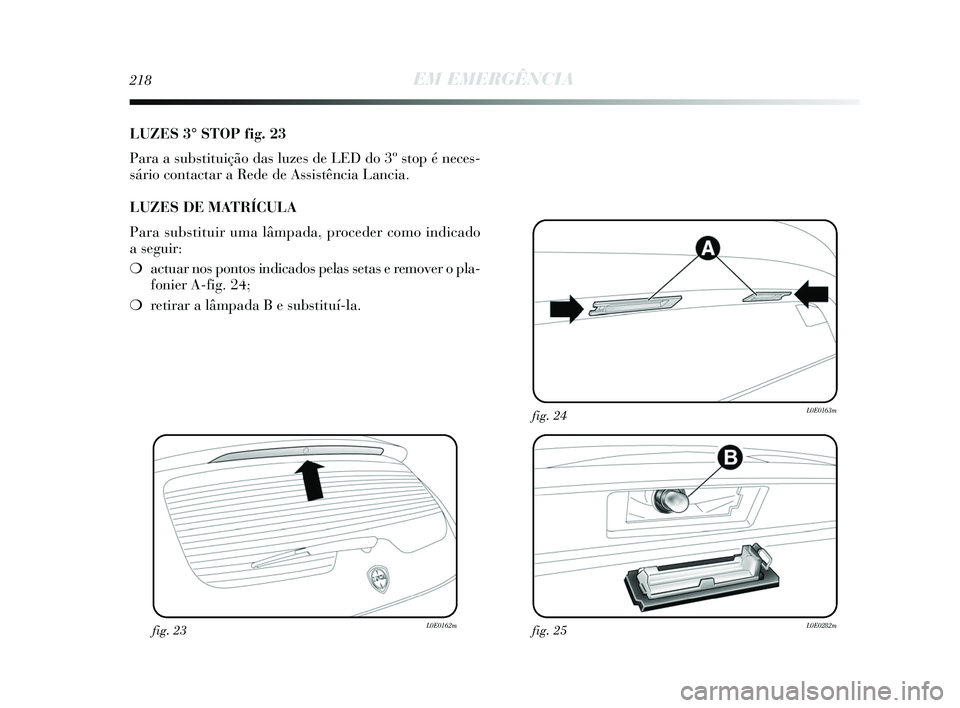 Lancia Delta 2015 Manual de Uso e Manutenção (in Portuguese) 218EM EMERGÊNCIA
LUZES 3° STOP fig. 23
Para a substituição das luzes de LED do 3º stop é neces-
sário contactar a Rede de Assistência Lancia.
LUZES DE MATRÍCULA
Para substituir uma lâmpada, Lancia Delta 2015 Manual de Uso e Manutenção (in Portuguese) 218EM EMERGÊNCIA
LUZES 3° STOP fig. 23
Para a substituição das luzes de LED do 3º stop é neces-
sário contactar a Rede de Assistência Lancia.
LUZES DE MATRÍCULA
Para substituir uma lâmpada,