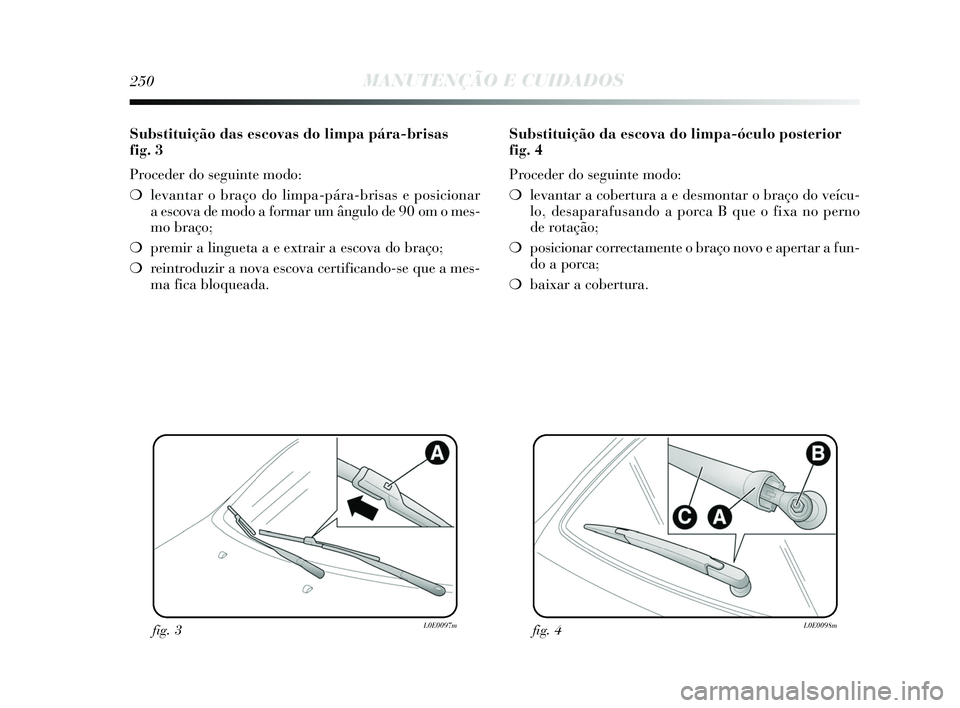Lancia Delta 2015 Manual de Uso e Manutenção (in Portuguese) 250MANUTENÇÃO E CUIDADOS
Substituição das escovas do limpa pára-brisas
fig. 3
Proceder do seguinte modo:
❍levantar o braço do limpa-pára-brisas e posicionar
a escova de modo a formar um â Lancia Delta 2015 Manual de Uso e Manutenção (in Portuguese) 250MANUTENÇÃO E CUIDADOS
Substituição das escovas do limpa pára-brisas
fig. 3
Proceder do seguinte modo:
❍levantar o braço do limpa-pára-brisas e posicionar
a escova de modo a formar um â