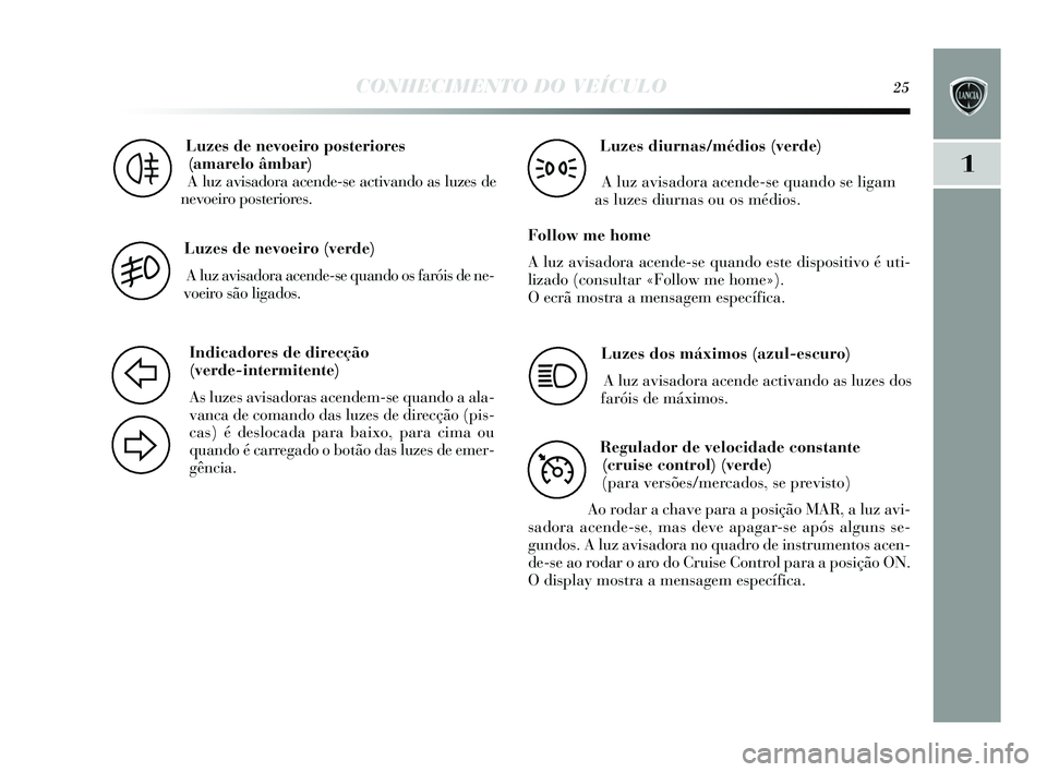 Lancia Delta 2015 Manual de Uso e Manutenção (in Portuguese) CONHECIMENTO DO VEÍCULO25
1
Luzes de nevoeiro posteriores (amarelo âmbar)
A luz avis adora acende-s e activando as luzes de
nevoeiro pos teriores.
4
Luzes de nevoeiro (verde)
A luz avis adora acen Lancia Delta 2015 Manual de Uso e Manutenção (in Portuguese) CONHECIMENTO DO VEÍCULO25
1
Luzes de nevoeiro posteriores (amarelo âmbar)
A luz avis adora acende-s e activando as luzes de
nevoeiro pos teriores.
4
Luzes de nevoeiro (verde)
A luz avis adora acen