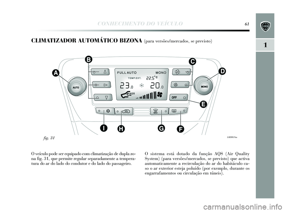 Lancia Delta 2015 Manual de Uso e Manutenção (in Portuguese) CONHECIMENTO DO VEÍCULO61
1
CLIMATIZADOR AUTOMÁTICO BIZONA (para versões/mercados, se previsto)
L0E0018mfig. 31
O veículo pode ser equipado com climatização de dupla zo-
na fig. 31, que permite Lancia Delta 2015 Manual de Uso e Manutenção (in Portuguese) CONHECIMENTO DO VEÍCULO61
1
CLIMATIZADOR AUTOMÁTICO BIZONA (para versões/mercados, se previsto)
L0E0018mfig. 31
O veículo pode ser equipado com climatização de dupla zo-
na fig. 31, que permite
