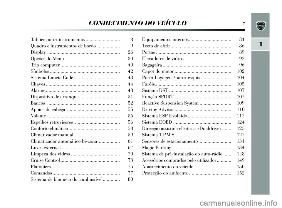 Lancia Delta 2015 Manual de Uso e Manutenção (in Portuguese) CONHECIMENTO DO VEÍCULO7
1
Tablier porta-instrumentos .......................... 8
Quadro e ins trumentos de bordo .................. 9
Dis play ...................................................... Lancia Delta 2015 Manual de Uso e Manutenção (in Portuguese) CONHECIMENTO DO VEÍCULO7
1
Tablier porta-instrumentos .......................... 8
Quadro e ins trumentos de bordo .................. 9
Dis play ......................................................