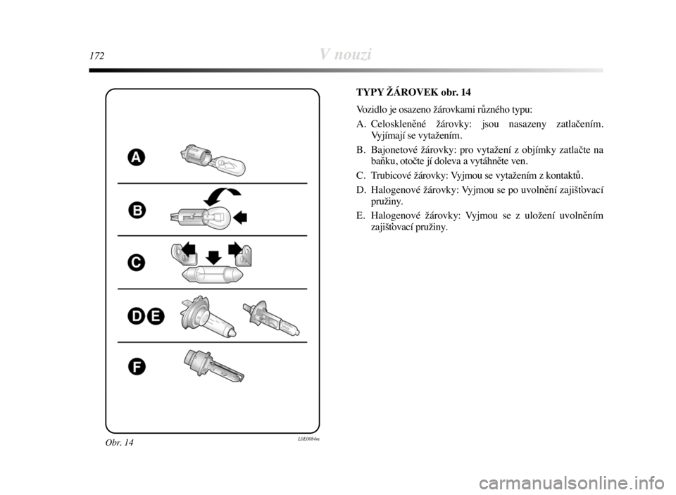 Lancia Delta 2008  Návod k použití a údržbě (in Czech) 172V nouzi
Obr. 14L0E0084m
TYPY ŽÁROVEK obr. 14
Vozidlo je osazeno žárovkami různého typu:
A. Celoskleněné žárovky: jsou nasazeny zatlačením. 
Vyjímají se vytažením.
B. Bajonetové ž�
