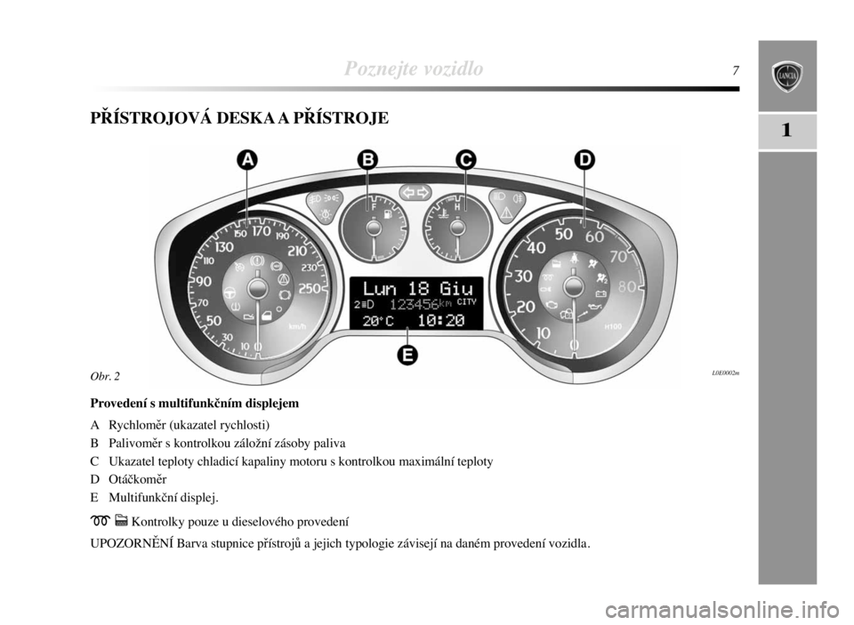 Lancia Delta 2009  Návod k použití a údržbě (in Czech) Poznejte vozidlo7
1PŘÍSTROJOVÁ DESKA A PŘÍSTROJE
Provedení s multifunkčním displejem
A Rychloměr (ukazatel rychlosti)
B Palivoměr s kontrolkou záložní zásoby paliva
C Ukazatel teploty ch
