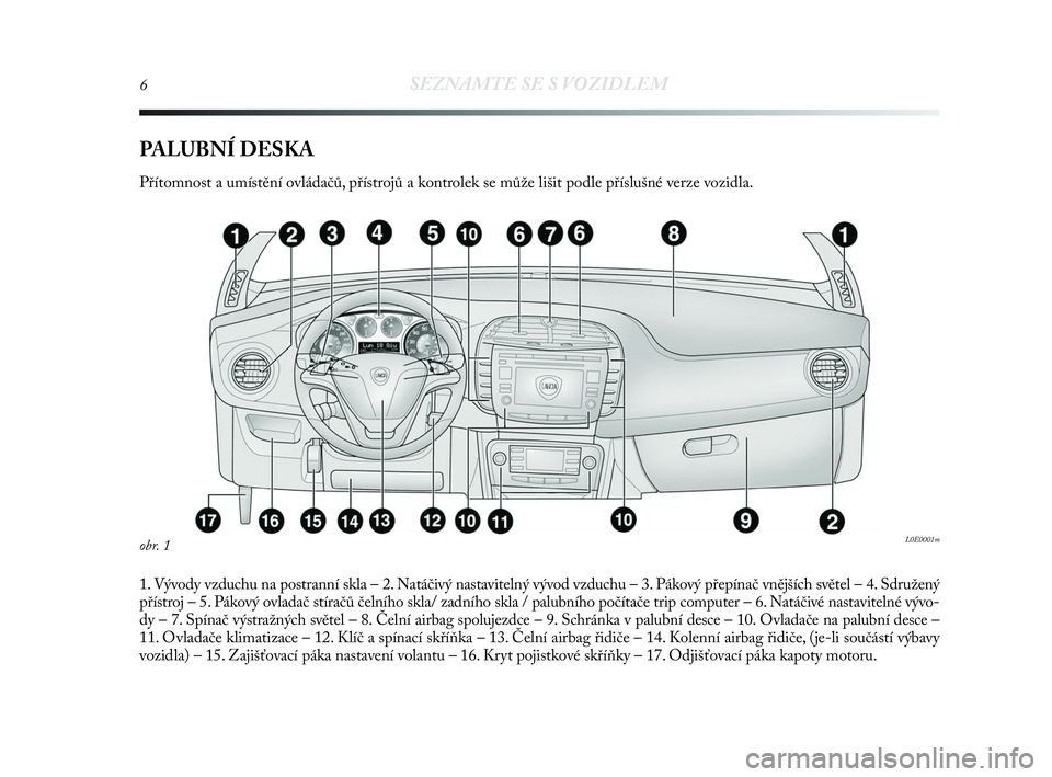 Lancia Delta 2010  Návod k použití a údržbě (in Czech) 6SEZNAMTE SE S VOZIDLEM
PALUBNÍ DESKA
Přítomnost a umístění ovládačů, přístrojů a kontrolek se může lišit podle příslušné verze vozidla.
1. Vývody vzduchu na postranní skla – 2.