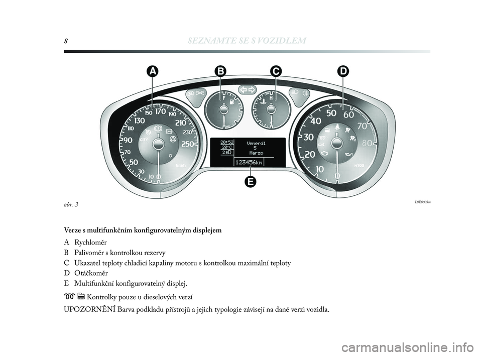 Lancia Delta 2010  Návod k použití a údržbě (in Czech) 8SEZNAMTE SE S VOZIDLEM
Verze s multifunkčním konfigurovatelným displejem 
A Rychloměr
B Palivoměr s kontrolkou rezervy
C Ukazatel teploty chladicí kapaliny motoru s kontrolkou maximální teplo