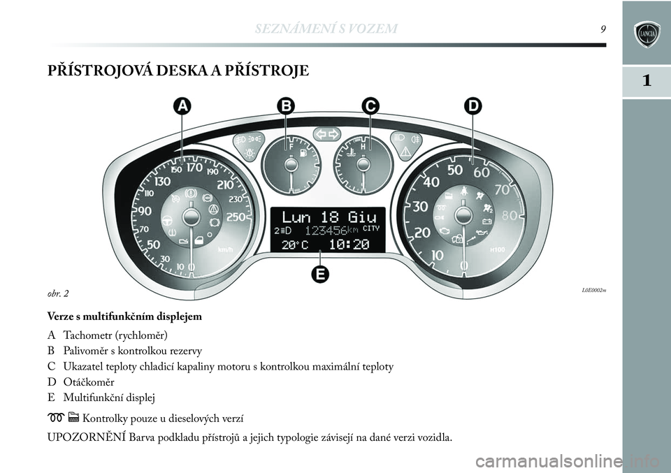 Lancia Delta 2012  Návod k použití a údržbě (in Czech) 1
SEZNÁMENÍ S VOZEM9
PŘÍSTROJOVÁ DESKA A PŘÍSTROJE
Verze s multifunkčním displejem
A Tachometr (rychloměr)
B Palivoměr s kontrolkou rezervy
C Ukazatel teploty chladicí kapaliny motoru s ko