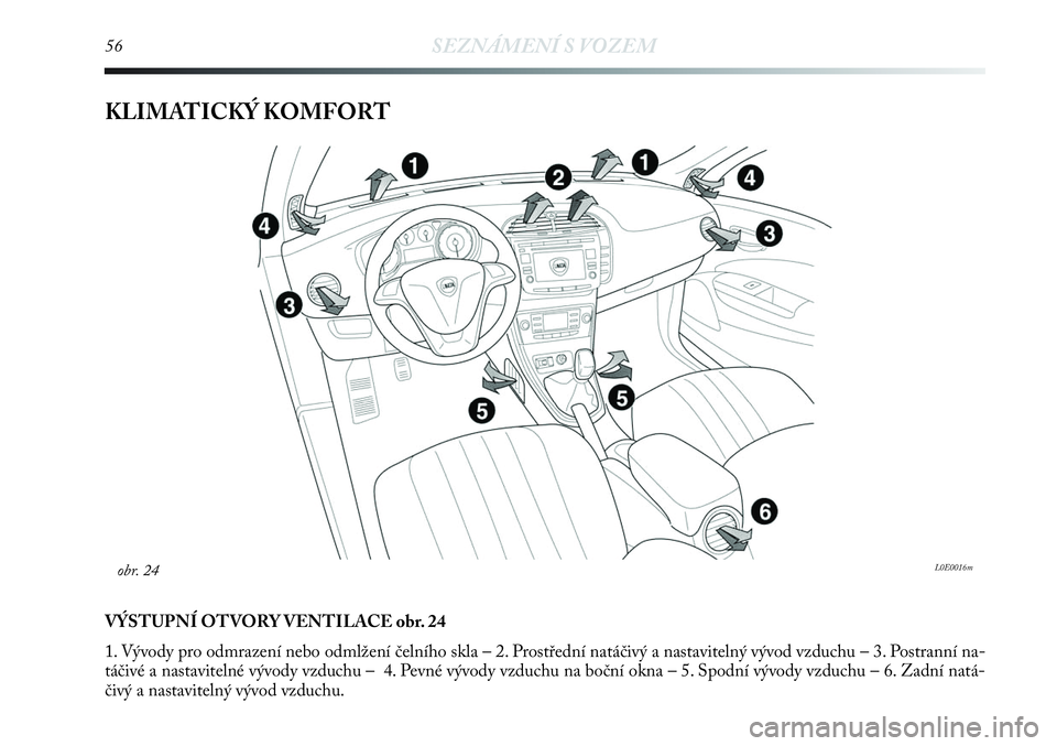 Lancia Delta 2013  Návod k použití a údržbě (in Czech) 56SEZNÁMENÍ S VOZEM
KLIMATICKÝ KOMFORT
VÝSTUPNÍ OTVORY VENTILACE obr. 24
1. Vývody pro odmrazení nebo odmlžení čelního skla – 2. Prostřední natáčivý a nastavitelný vývod vzduchu 