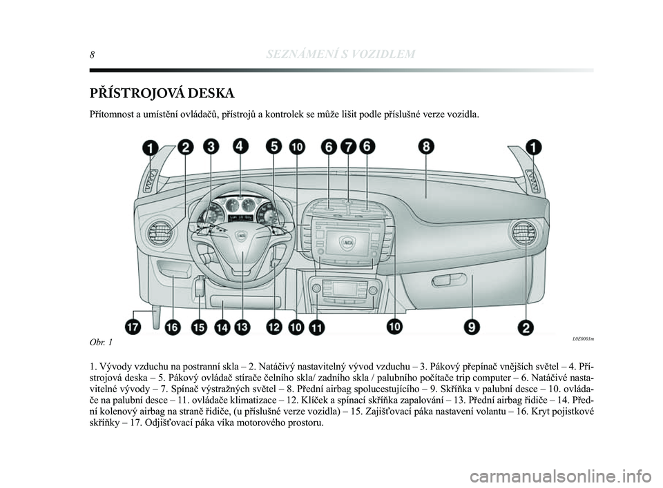 Lancia Delta 2014  Návod k použití a údržbě (in Czech) 8SEZNÁMENÍ S VOZIDLEM
PŘÍSTROJOVÁ DESKA
Přítomnost a umístění ovládačů, přístrojů\
 a kontrolek se může lišit podle příslušné verze vo\
zidla.
1. Vývody vzduchu na postranní s