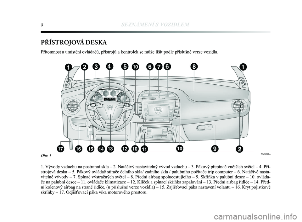 Lancia Delta 2015  Návod k použití a údržbě (in Czech) 8SEZNÁMENÍ S VOZIDLEM
PŘÍSTROJOVÁ DESKA
Přítomnost a umístění ovládačů, přístrojů\
 a kontrolek se může lišit podle příslušné verze vo\
zidla.
1. Vývody vzduchu na postranní s