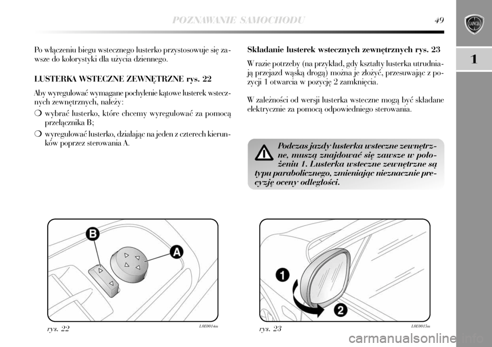 Lancia Delta 2008  Instrukcja obsługi (in Polish) POZNAWANIE SAMOCHODU49
1
Po w∏àczeniu biegu wstecznego lusterko przystosowuje si´ za-
wsze do kolorystyki dla u˝ycia dziennego.
LUSTERKA WSTECZNE ZEWN¢TRZNE rys. 22
Aby wyregulowaç wymagane poc