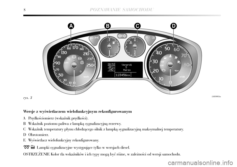 Lancia Delta 2008  Instrukcja obsługi (in Polish) 8POZNAWANIE SAMOCHODU
Wersje z wyÊwietlaczem wielofunkcyjnym rekonfigurowanym
A Pr´dkoÊciomierz (wskaênik pr´dkoÊci).
B Wskaênik poziomu paliwa z lampkà sygnalizacyjnà rezerwy.
C Wskaênik te
