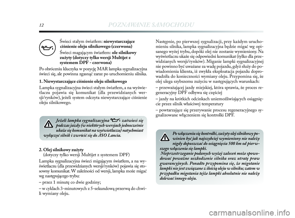 Lancia Delta 2010  Instrukcja obsługi (in Polish) 12POZNAWANIE SAMOCHODU
Świeci stałym światłem: niewystarczające 
ciśnienie oleju silnikowego (czer wona)
Świeci magającym światłem: ole silnikowy 
zużyty (dotyczy tylko wersji Multijet z 
s