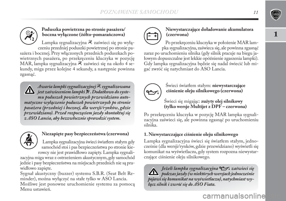 Lancia Delta 2011  Instrukcja obsługi (in Polish) POZNAWANIE SAMOCHODU11
1
Poduszka powietrzna po stronie pasażera/
boczna wyłączone (żółto-pomarańczowa)
Lampka sygnalizacyjna 
“zaświeci się po wyłą-
czeniu przedniej poduszki powietrznej