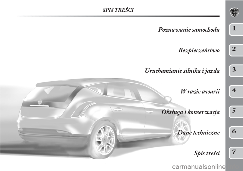 Lancia Delta 2011  Instrukcja obsługi (in Polish) SPIS TREŚCI
Poznawanie samochodu
Bezpieczeństwo
Uruchamianie silnika i jazda
W razie awarii
Obsługa i konserwacja
Dane techniczne
Spis treści1
2
3
4
5
6
7 