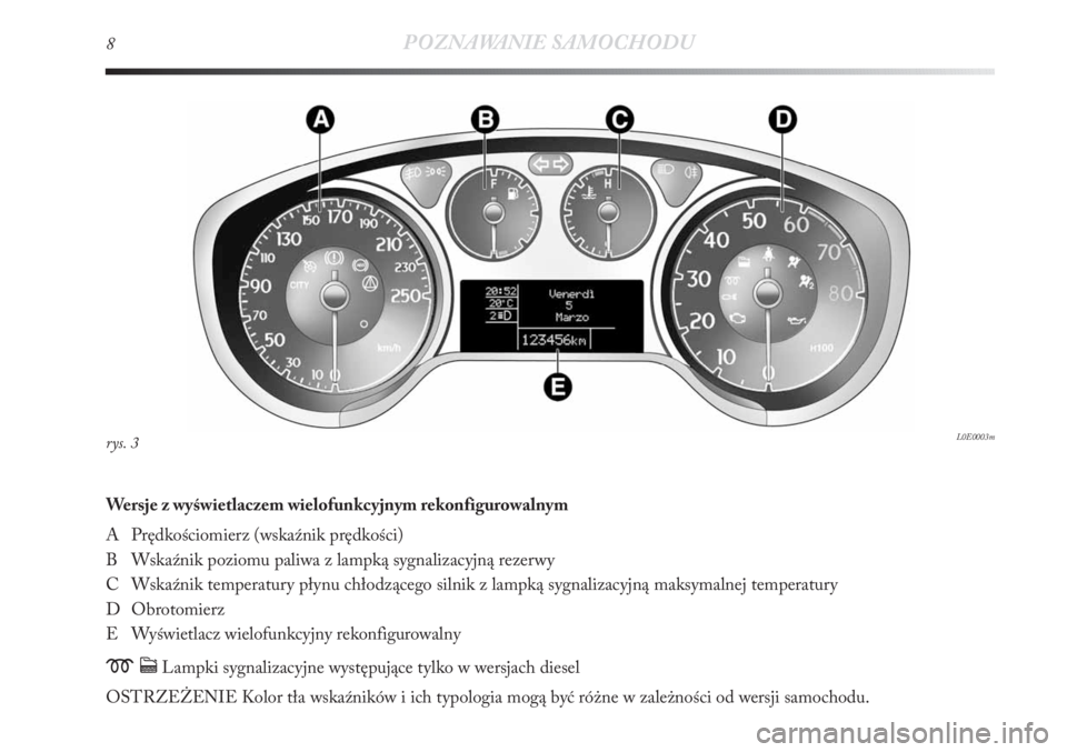 Lancia Delta 2011  Instrukcja obsługi (in Polish) 8POZNAWANIE SAMOCHODU
Wersje z wyświetlaczem wielofunkcyjnym rekonfigurowalnym 
A Prędkościomierz (wskaźnik prędkości)
B Wskaźnik poziomu paliwa z lampką sygnalizacyjną rezerwy
C Wskaźnik te