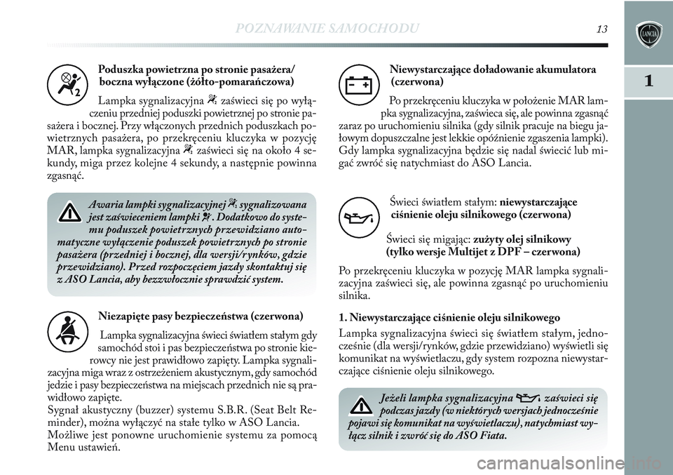 Lancia Delta 2013  Instrukcja obsługi (in Polish) POZNAWANIE SAMOCHODU13
1
Poduszka powietrzna po stronie pasażera/
boczna wyłączone (żółto-pomarańczowa)
Lampka sygnalizacyjna 
“zaświeci się po wyłą-
czeniu przedniej poduszki powietrznej