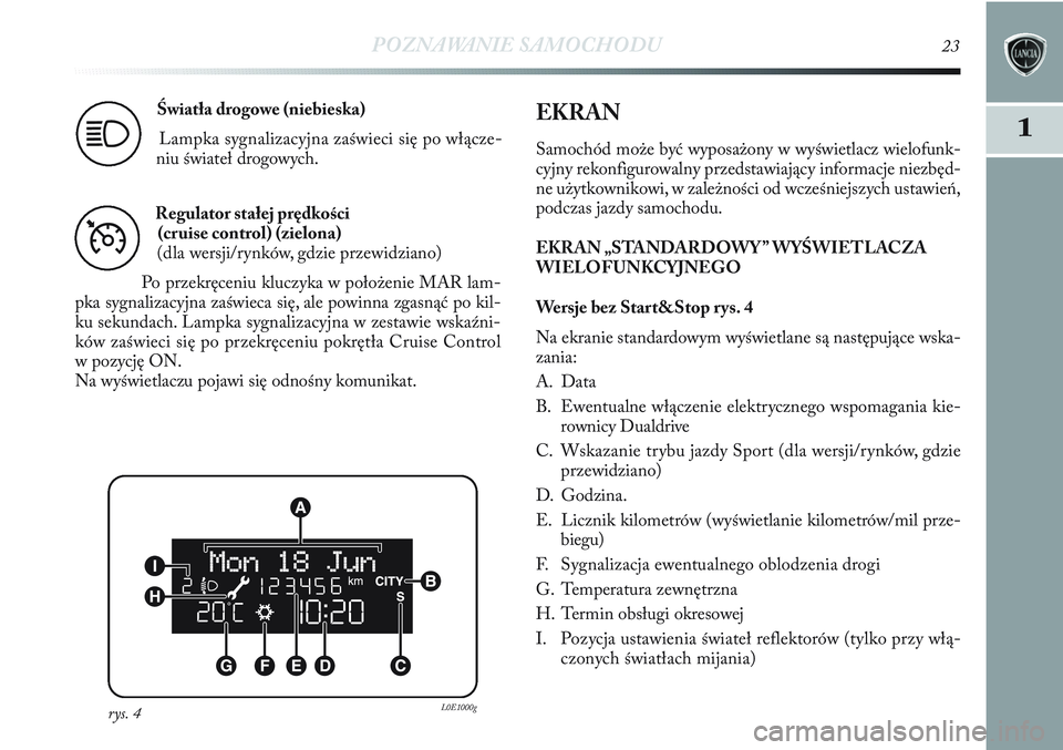 Lancia Delta 2012 Instrukcja obsługi (in Polish) POZNAWANIE SAMOCHODU23
1
Światła drogowe (niebieska)
Lampka sygnalizacyjna zaświeci się po włącze-
niu świateł drogowych.
1
Regulator stałej prędkości
(cruise control) (zielona)
(dla wersji Lancia Delta 2012 Instrukcja obsługi (in Polish) POZNAWANIE SAMOCHODU23
1
Światła drogowe (niebieska)
Lampka sygnalizacyjna zaświeci się po włącze-
niu świateł drogowych.
1
Regulator stałej prędkości
(cruise control) (zielona)
(dla wersji