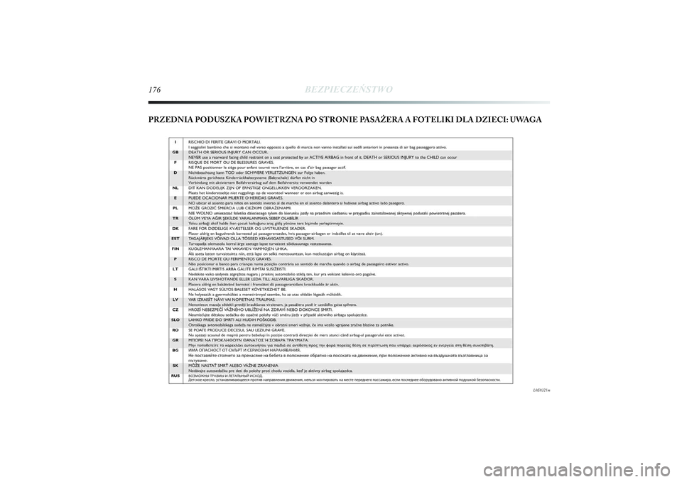 Lancia Delta 2014  Instrukcja obsługi (in Polish) 176
BEZPIECZEŃSTWO
L0E0321m
PRZEDNIA PODUSZKA POWIETRZNA PO STRONIE PASAŻERA A FOTELIKI DLA DZIECI: UWAGA
155-182 Delta PL 1ed  27/09/13  15.49  Pagina 176 