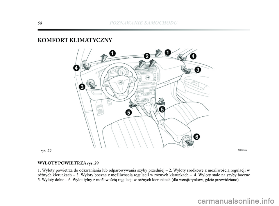 Lancia Delta 2014 Instrukcja obsługi (in Polish) 58POZNAWANIE SAMOCHODU
KOMFORT KLIMATYCZNY
WYLOTY POWIETRZA rys. 29
1. Wyloty powietrza do odszraniania lub odparowywania szyby przedniej – 2\Ć. Wyloty środkowe z możliwością regulacji w
róż Lancia Delta 2014 Instrukcja obsługi (in Polish) 58POZNAWANIE SAMOCHODU
KOMFORT KLIMATYCZNY
WYLOTY POWIETRZA rys. 29
1. Wyloty powietrza do odszraniania lub odparowywania szyby przedniej – 2\Ć. Wyloty środkowe z możliwością regulacji w
róż
