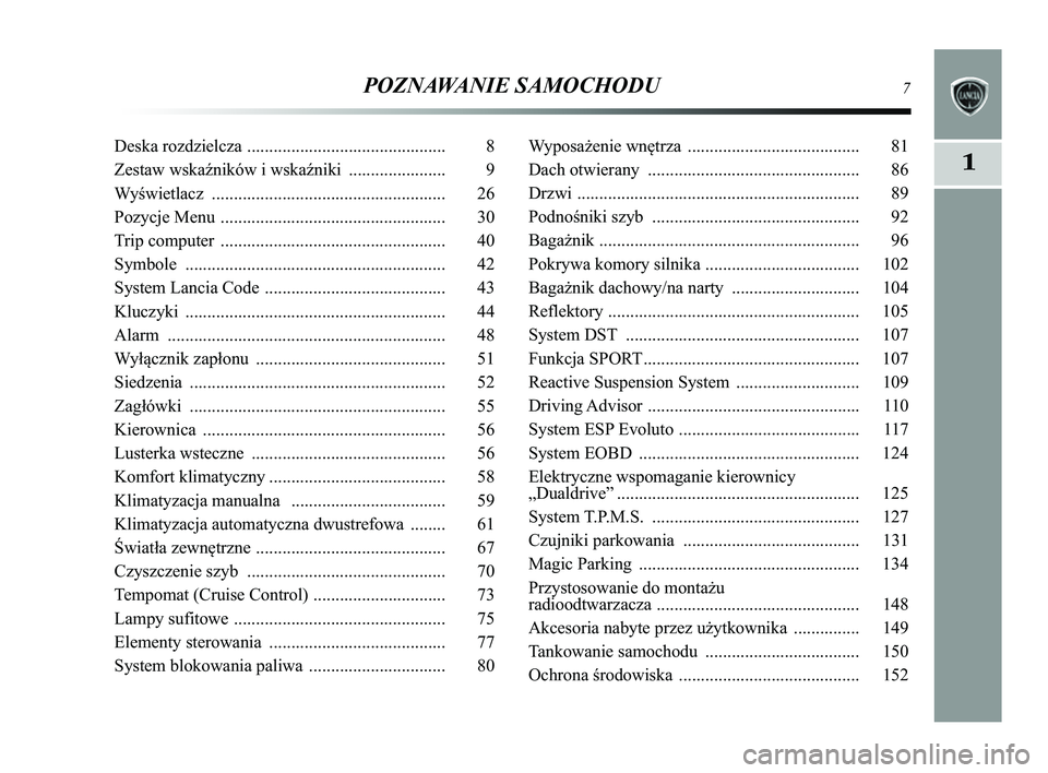 Lancia Delta 2014 Instrukcja obsługi (in Polish) POZNAWANIE SAMOCHODU7
1
Deska rozdzielcza ............................................. 8
Zestaw wska\bników i wska\bniki ...................... 9
Wyświetlacz ..................................... Lancia Delta 2014 Instrukcja obsługi (in Polish) POZNAWANIE SAMOCHODU7
1
Deska rozdzielcza ............................................. 8
Zestaw wska\bników i wska\bniki ...................... 9
Wyświetlacz .....................................
