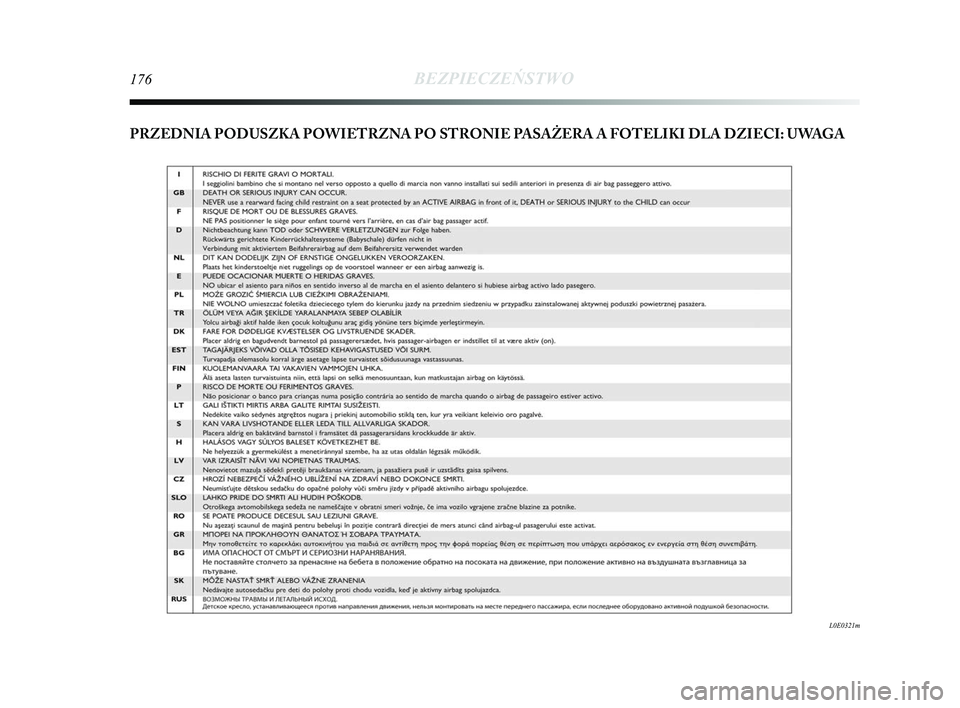 Lancia Delta 2015 Instrukcja obsługi (in Polish) 176BEZPIECZEŃSTWO
L0E0321m
PRZEDNIA PODUSZKA POWIETRZNA PO STRONIE PASAŻERA A FOTELIKI DLA DZIECI: UWAGA
155-182 Delta PL 1ed 27/09/13 15.49 Pagina 176 Lancia Delta 2015 Instrukcja obsługi (in Polish) 176BEZPIECZEŃSTWO
L0E0321m
PRZEDNIA PODUSZKA POWIETRZNA PO STRONIE PASAŻERA A FOTELIKI DLA DZIECI: UWAGA
155-182 Delta PL 1ed 27/09/13 15.49 Pagina 176