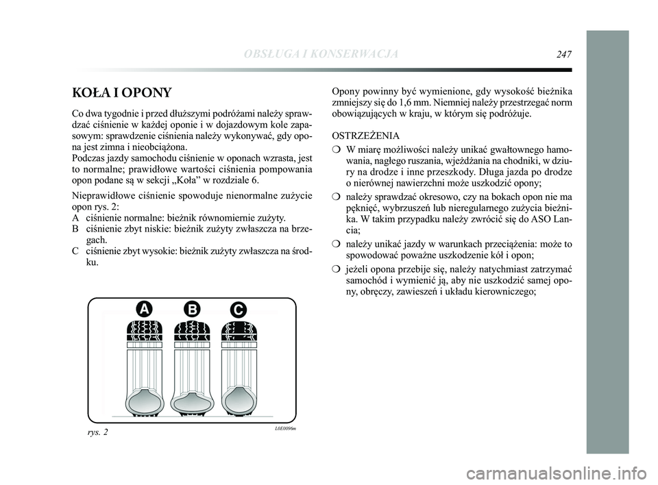 Lancia Delta 2015 Instrukcja obsługi (in Polish) KOŁA I OPONY
Co dwa tygodnie i przed dłuższymi podróżami należy spraw-
dzać ciśnienie w każdej oponie i w dojazdowym kole zapa-
sowym: sprawdzenie ciśnienia należy wykonywać, gdy opo-
na j Lancia Delta 2015 Instrukcja obsługi (in Polish) KOŁA I OPONY
Co dwa tygodnie i przed dłuższymi podróżami należy spraw-
dzać ciśnienie w każdej oponie i w dojazdowym kole zapa-
sowym: sprawdzenie ciśnienia należy wykonywać, gdy opo-
na j