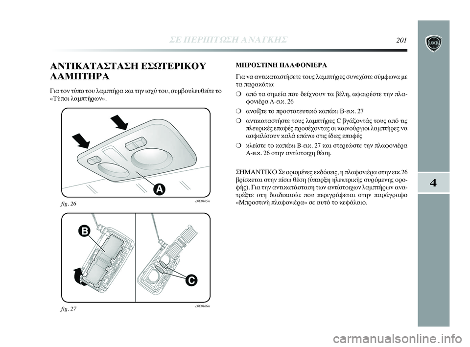 Lancia Delta 2010 ΒΙΒΛΙΟ ΧΡΗΣΗΣ ΚΑΙ ΣΥΝΤΗΡΗΣΗΣ (in Greek) ΣΕ ΠΕΡΙΠΤΩΣΗ ΑΝΑΓΚΗΣ201
4
fig. 27L0E0166m
fig. 26L0E0165m
ΑΝΤΙΚΑΤΑΣΤΑΣΗ ΕΣΩΤΕΡΙΚΟΥ
ΛΑΜΠΤΗΡΑ
Για τον τύπο του λαμπτήρα και τη Lancia Delta 2010 ΒΙΒΛΙΟ ΧΡΗΣΗΣ ΚΑΙ ΣΥΝΤΗΡΗΣΗΣ (in Greek) ΣΕ ΠΕΡΙΠΤΩΣΗ ΑΝΑΓΚΗΣ201
4
fig. 27L0E0166m
fig. 26L0E0165m
ΑΝΤΙΚΑΤΑΣΤΑΣΗ ΕΣΩΤΕΡΙΚΟΥ
ΛΑΜΠΤΗΡΑ
Για τον τύπο του λαμπτήρα και τη