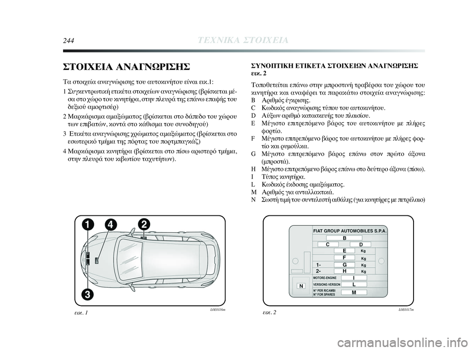 Lancia Delta 2010 ΒΙΒΛΙΟ ΧΡΗΣΗΣ ΚΑΙ ΣΥΝΤΗΡΗΣΗΣ (in Greek) 244ΤΕΧΝΙΚΑ ΣΤΟΙΧΕΙΑ
ΣΤΟΙΧΕΙΑ ΑΝΑΓΝΩΡΙΣΗΣ
Τα στοιχεία αναγνώρισης του αυτοκινήτου είναι εικ.1:
1 Συγκεντρωτική Lancia Delta 2010 ΒΙΒΛΙΟ ΧΡΗΣΗΣ ΚΑΙ ΣΥΝΤΗΡΗΣΗΣ (in Greek) 244ΤΕΧΝΙΚΑ ΣΤΟΙΧΕΙΑ
ΣΤΟΙΧΕΙΑ ΑΝΑΓΝΩΡΙΣΗΣ
Τα στοιχεία αναγνώρισης του αυτοκινήτου είναι εικ.1:
1 Συγκεντρωτική