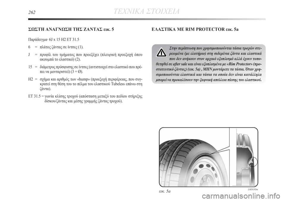 Lancia Delta 2011  ΒΙΒΛΙΟ ΧΡΗΣΗΣ ΚΑΙ ΣΥΝΤΗΡΗΣΗΣ (in Greek) 262ΤΕΧΝΙΚΑ ΣΤΟΙΧΕΙΑ
ΣΩΣΤΗ ΑΝΑΓΝΩΣΗ ΤΗΣ ΖΑΝΤΑΣ εικ. 5
Παράδειγμα· 6J x 15 H2 ET 31.5 
6  = πλάτος ζάντας σε ίντσες (1).
J = προ