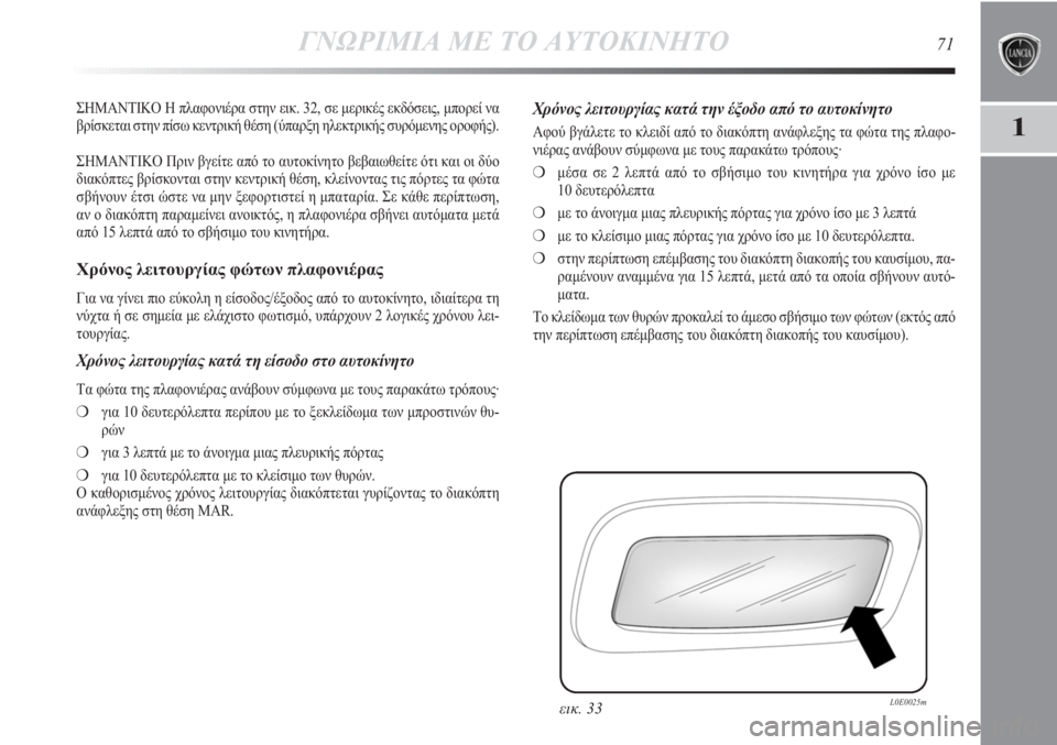 Lancia Delta 2011 ΒΙΒΛΙΟ ΧΡΗΣΗΣ ΚΑΙ ΣΥΝΤΗΡΗΣΗΣ (in Greek) ΓΝΩΡΙΜΙΑ ΜΕ ΤΟ ΑΥΤΟΚΙΝΗΤΟ71
1
ΣΗΜΑΝΤΙΚΟ Η πλαφονιέρα στην εικ. 32, σε μερικές εκδόσεις, μπορεί να
βρίσκεται στην Lancia Delta 2011 ΒΙΒΛΙΟ ΧΡΗΣΗΣ ΚΑΙ ΣΥΝΤΗΡΗΣΗΣ (in Greek) ΓΝΩΡΙΜΙΑ ΜΕ ΤΟ ΑΥΤΟΚΙΝΗΤΟ71
1
ΣΗΜΑΝΤΙΚΟ Η πλαφονιέρα στην εικ. 32, σε μερικές εκδόσεις, μπορεί να
βρίσκεται στην