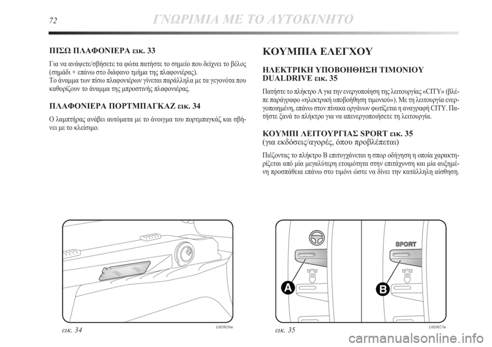 Lancia Delta 2011 ΒΙΒΛΙΟ ΧΡΗΣΗΣ ΚΑΙ ΣΥΝΤΗΡΗΣΗΣ (in Greek) 72ΓΝΩΡΙΜΙΑ ΜΕ ΤΟ ΑΥΤΟΚΙΝΗΤΟ
ΠΙΣΩ ΠΛΑΦΟΝΙΕΡΑ εικ. 33
Για να ανάψετε/σβήσετε τα φώτα πατήστε το σημείο που δείχνε Lancia Delta 2011 ΒΙΒΛΙΟ ΧΡΗΣΗΣ ΚΑΙ ΣΥΝΤΗΡΗΣΗΣ (in Greek) 72ΓΝΩΡΙΜΙΑ ΜΕ ΤΟ ΑΥΤΟΚΙΝΗΤΟ
ΠΙΣΩ ΠΛΑΦΟΝΙΕΡΑ εικ. 33
Για να ανάψετε/σβήσετε τα φώτα πατήστε το σημείο που δείχνε