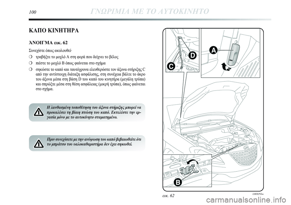 Lancia Delta 2012 ΒΙΒΛΙΟ ΧΡΗΣΗΣ ΚΑΙ ΣΥΝΤΗΡΗΣΗΣ (in Greek) εικ. 62L0E0295m
ΚΑΠΟ ΚΙΝΗΤΗΡΑ
ΆΝΟΙΓΜΑ εικ. 62
Συνεχίστε όπως ακολουθεί·
❍τραβήξτε το μοχλό A στη φορά που δείχνει το Lancia Delta 2012 ΒΙΒΛΙΟ ΧΡΗΣΗΣ ΚΑΙ ΣΥΝΤΗΡΗΣΗΣ (in Greek) εικ. 62L0E0295m
ΚΑΠΟ ΚΙΝΗΤΗΡΑ
ΆΝΟΙΓΜΑ εικ. 62
Συνεχίστε όπως ακολουθεί·
❍τραβήξτε το μοχλό A στη φορά που δείχνει το