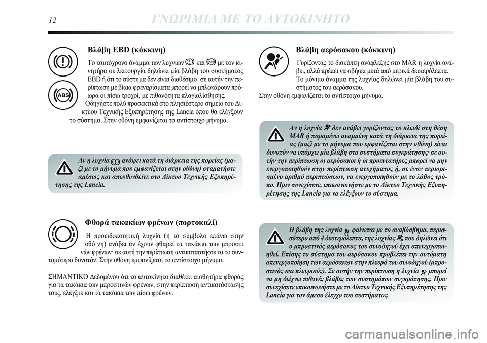 Lancia Delta 2012  ΒΙΒΛΙΟ ΧΡΗΣΗΣ ΚΑΙ ΣΥΝΤΗΡΗΣΗΣ (in Greek) Αν η λυχνία xανάψει κατά τη διάρκεια της πορείας (μα-
ζί με το μήνυμα που εμφανίζεται στην οθόνη) σταματήστε
αμ�