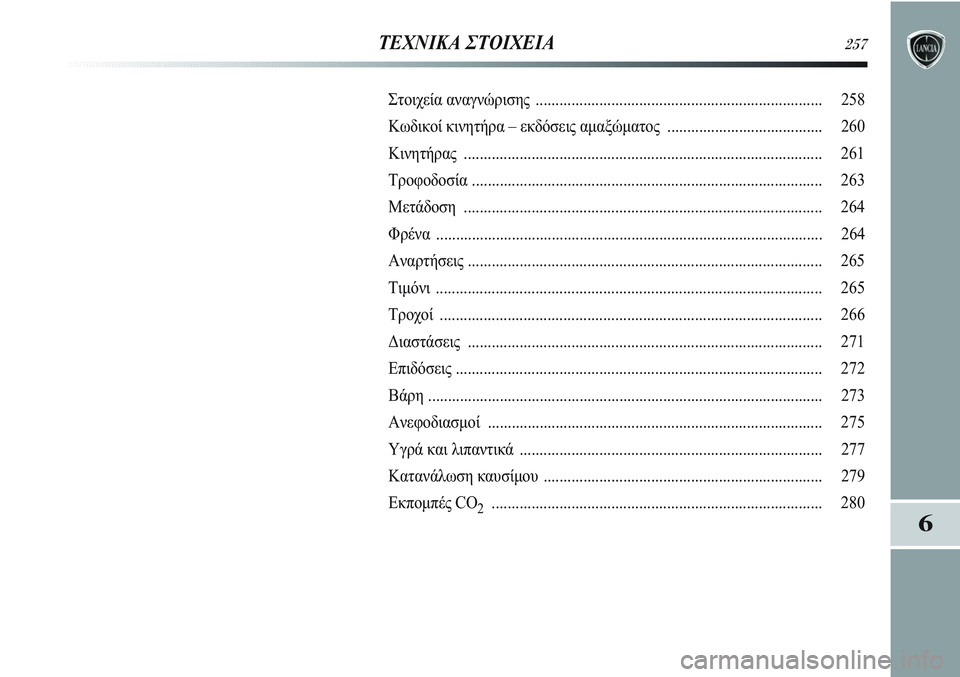 Lancia Delta 2012 ΒΙΒΛΙΟ ΧΡΗΣΗΣ ΚΑΙ ΣΥΝΤΗΡΗΣΗΣ (in Greek) 6
ΤΕΧΝΙΚΑ ΣΤΟΙΧΕΙΑ257
Στοιχεία αναγνώρισης ........................................................................ 258
Κωδικοί κινητήρα – εκδόσ Lancia Delta 2012 ΒΙΒΛΙΟ ΧΡΗΣΗΣ ΚΑΙ ΣΥΝΤΗΡΗΣΗΣ (in Greek) 6
ΤΕΧΝΙΚΑ ΣΤΟΙΧΕΙΑ257
Στοιχεία αναγνώρισης ........................................................................ 258
Κωδικοί κινητήρα – εκδόσ