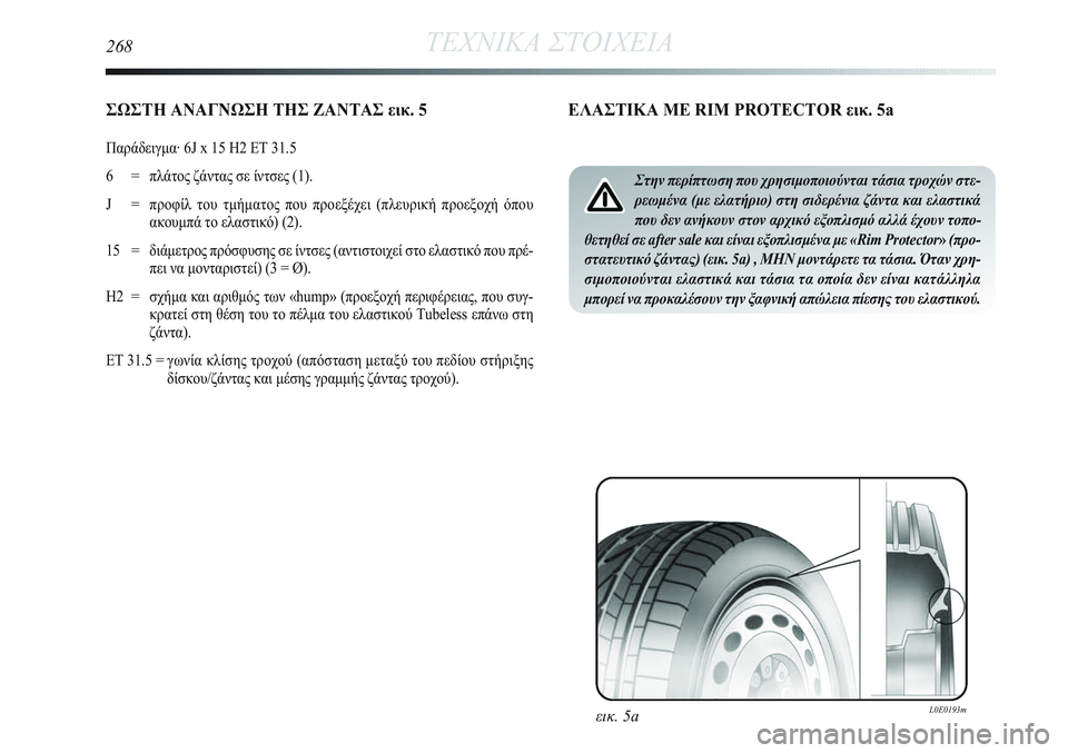 Lancia Delta 2012  ΒΙΒΛΙΟ ΧΡΗΣΗΣ ΚΑΙ ΣΥΝΤΗΡΗΣΗΣ (in Greek) 268ΤΕΧΝΙΚΑ ΣΤΟΙΧΕΙΑ
ΣΩΣΤΗ ΑΝΑΓΝΩΣΗ ΤΗΣ ΖΑΝΤΑΣ εικ. 5
Παράδειγμα· 6J x 15 H2 ET 31.5 
6  = πλάτος ζάντας σε ίντσες (1).
J = προ
