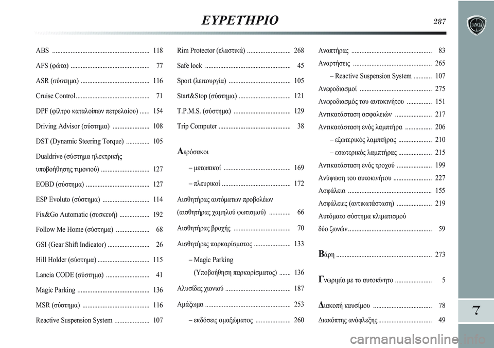 Lancia Delta 2012  ΒΙΒΛΙΟ ΧΡΗΣΗΣ ΚΑΙ ΣΥΝΤΗΡΗΣΗΣ (in Greek) ΕΥΡΕΤΉΡΙΟ287
7
Rim Protector (ελαστικά) .......................... 268
Safe lock ................................................... 45
Sport (λειτουργία) ..................