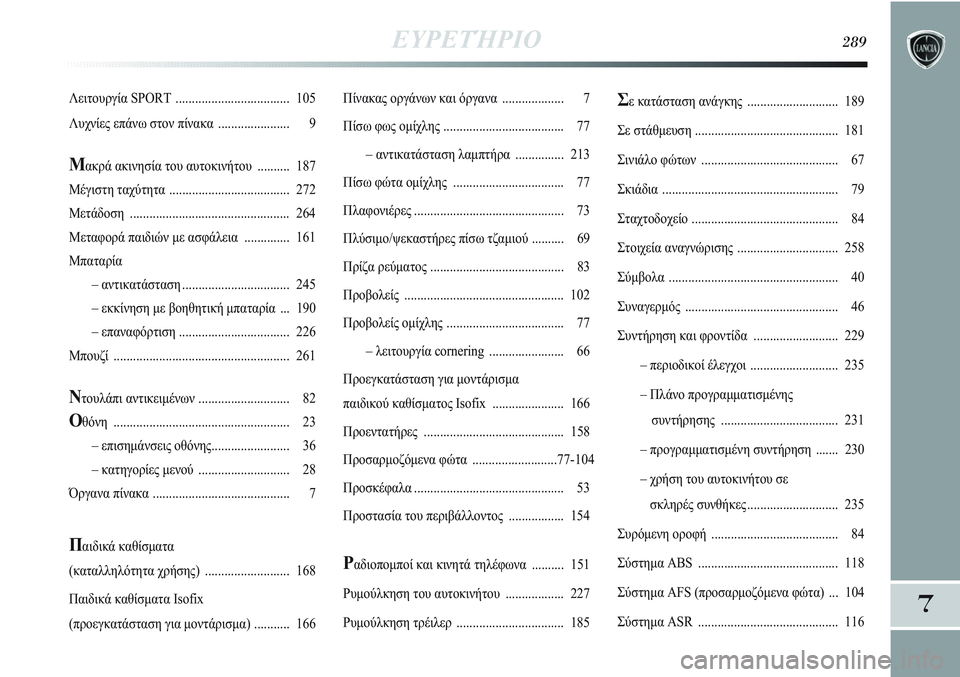 Lancia Delta 2012  ΒΙΒΛΙΟ ΧΡΗΣΗΣ ΚΑΙ ΣΥΝΤΗΡΗΣΗΣ (in Greek) ΕΥΡΕΤΉΡΙΟ289
7
Πίνακας οργάνων και όργανα ................... 7
Πίσω φως ομίχλης ..................................... 77
– αντικατάσταση �