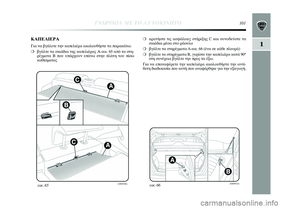 Lancia Delta 2014  ΒΙΒΛΙΟ ΧΡΗΣΗΣ ΚΑΙ ΣΥΝΤΗΡΗΣΗΣ (in Greek) 1
ΓΝΩΡ\bΜ\bΑ ΜΕ ΤΟ Α\fΤΟΚ\bΝΗΤ\ΗΟ101
εικ. 66L0E0051mεικ. 65L0E0284m
❍κYGατήστε τις ασφάλειες σYύτήYGιξης C και συνYfδεύστε τYύα
σ
