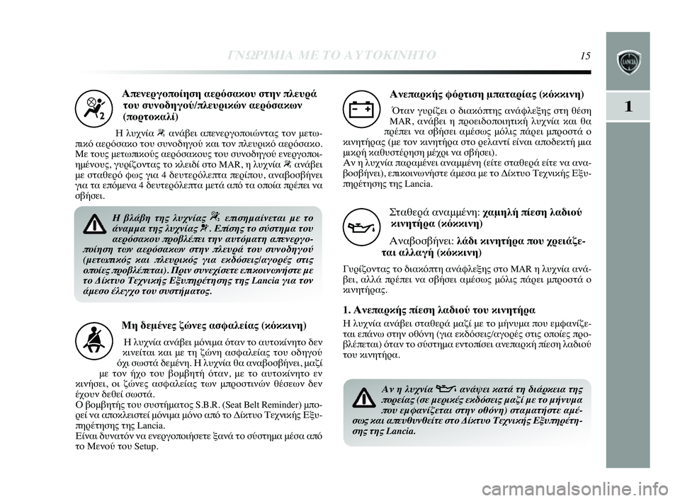 Lancia Delta 2014  ΒΙΒΛΙΟ ΧΡΗΣΗΣ ΚΑΙ ΣΥΝΤΗΡΗΣΗΣ (in Greek) 1
ΓΝΩΡ\bΜ\bΑ ΜΕ ΤΟ Α\fΤΟΚ\bΝΗΤ\ΗΟ15
Απενεργοποίηση αερόσα0όκο0f στην πλε0fράτο0f σ0fνοδηγού/πλε0fρικών α0όερόσακων
(πο�