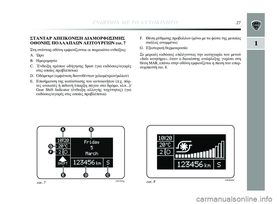 Lancia Delta 2014  ΒΙΒΛΙΟ ΧΡΗΣΗΣ ΚΑΙ ΣΥΝΤΗΡΗΣΗΣ (in Greek) 1
ΓΝΩΡ\bΜ\bΑ ΜΕ ΤΟ Α\fΤΟΚ\bΝΗΤ\ΗΟ27
F. Θέση YGύθμισης πYGYfβYfλέων (μYύόνYf με τα φώτα της μεσαίαYύςσκάλας αναμμένα)
G. Εξω�