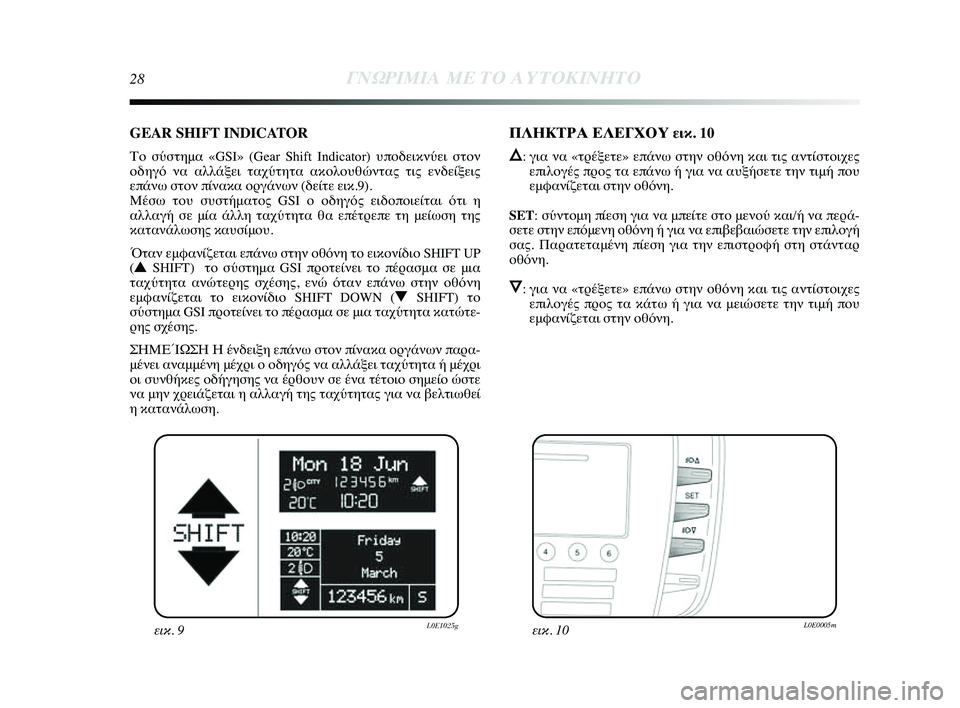 Lancia Delta 2014  ΒΙΒΛΙΟ ΧΡΗΣΗΣ ΚΑΙ ΣΥΝΤΗΡΗΣΗΣ (in Greek) 28ΓΝΩΡ\bΜ\bΑ ΜΕ ΤΟ Α\fΤΟΚ\bΝΗΤ\ΗΟ
GEAR SHIFT INDICATOR 
ΤYf σύστημα «GSI» (Gear Shift Indicator) υπYfYύδεικνύει στYfν
Yfδηγό να αλλάξει ταχύ