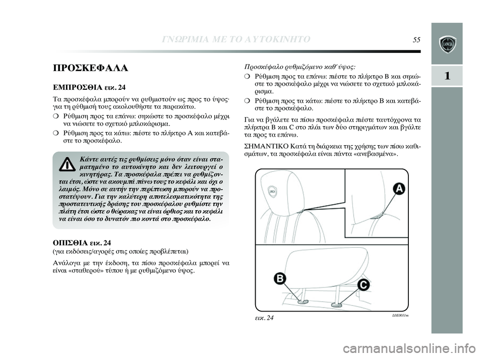 Lancia Delta 2014 ΒΙΒΛΙΟ ΧΡΗΣΗΣ ΚΑΙ ΣΥΝΤΗΡΗΣΗΣ (in Greek) 1
ΓΝΩΡ\bΜ\bΑ ΜΕ ΤΟ Α\fΤΟΚ\bΝΗΤ\ΗΟ55
ΠΡΟΣΚΕΦΑΛΑ
ΕΜΠΡΟΣΘΙΑ εικ. 24
Τα πYGYfσκέφαλα μπYfYGYfύν να YGυYύθμιστYfύν ως πYGYfς τYf ύψY Lancia Delta 2014 ΒΙΒΛΙΟ ΧΡΗΣΗΣ ΚΑΙ ΣΥΝΤΗΡΗΣΗΣ (in Greek) 1
ΓΝΩΡ\bΜ\bΑ ΜΕ ΤΟ Α\fΤΟΚ\bΝΗΤ\ΗΟ55
ΠΡΟΣΚΕΦΑΛΑ
ΕΜΠΡΟΣΘΙΑ εικ. 24
Τα πYGYfσκέφαλα μπYfYGYfύν να YGυYύθμιστYfύν ως πYGYfς τYf ύψY